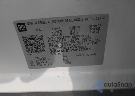2021 Chevrolet Equinox Awd Lt из США, поврежденный, VIN 3GNAXUEV2MS173469